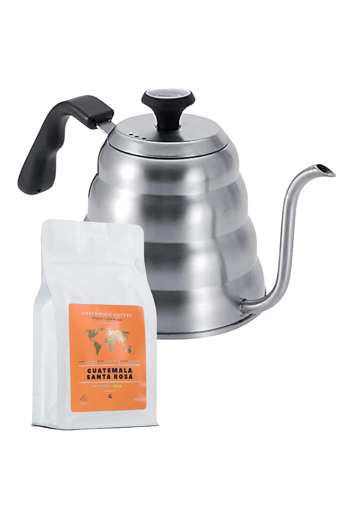 Greenwich Coffee Pot Drip Kettle + Guatemala Kahve Antigua Santa Rosa Yöresel Filtre Kahve %100 Arabica 250gr