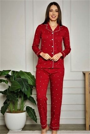 Kırmızı Yıldız Desenli Boydan Düğmeli Kadın Pijama Takımı 2576uy 2576UYIZER1