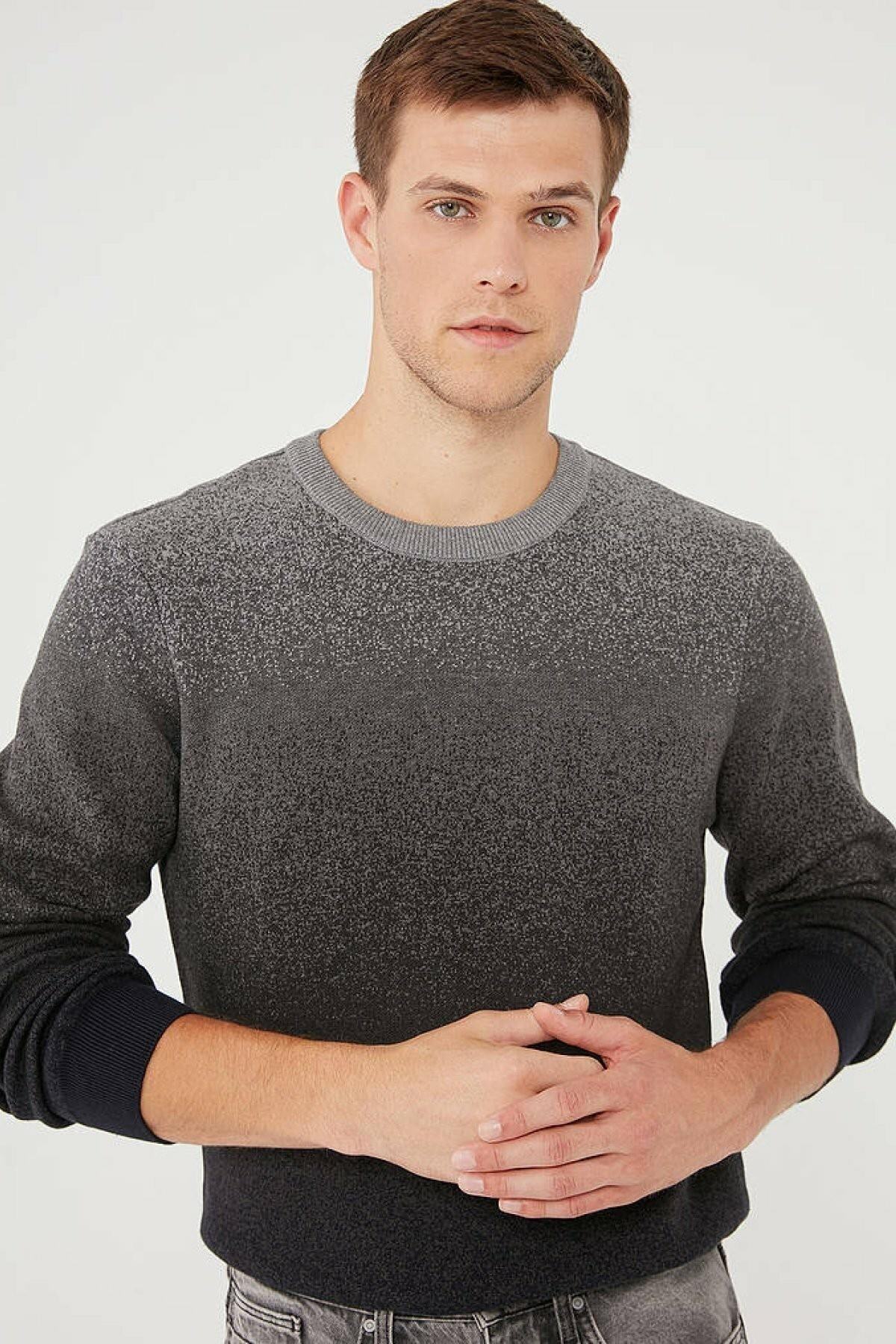 ماوی ژاکت مردانه یقه گرد خاکستری ملانژ 070779-34686