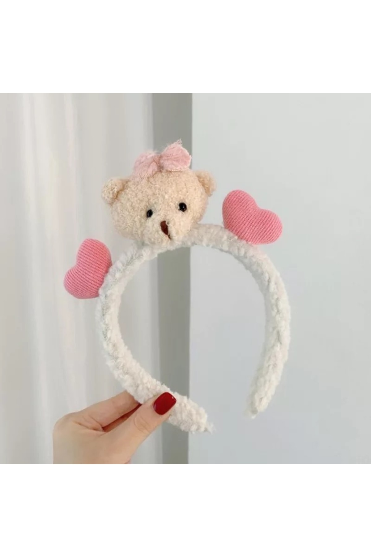 Moda Pofuduk Peluş Oyuncak Ayıcıklı Taç Kadın Çocuk Tacı Ayılı Kalpli Beyaz 2
