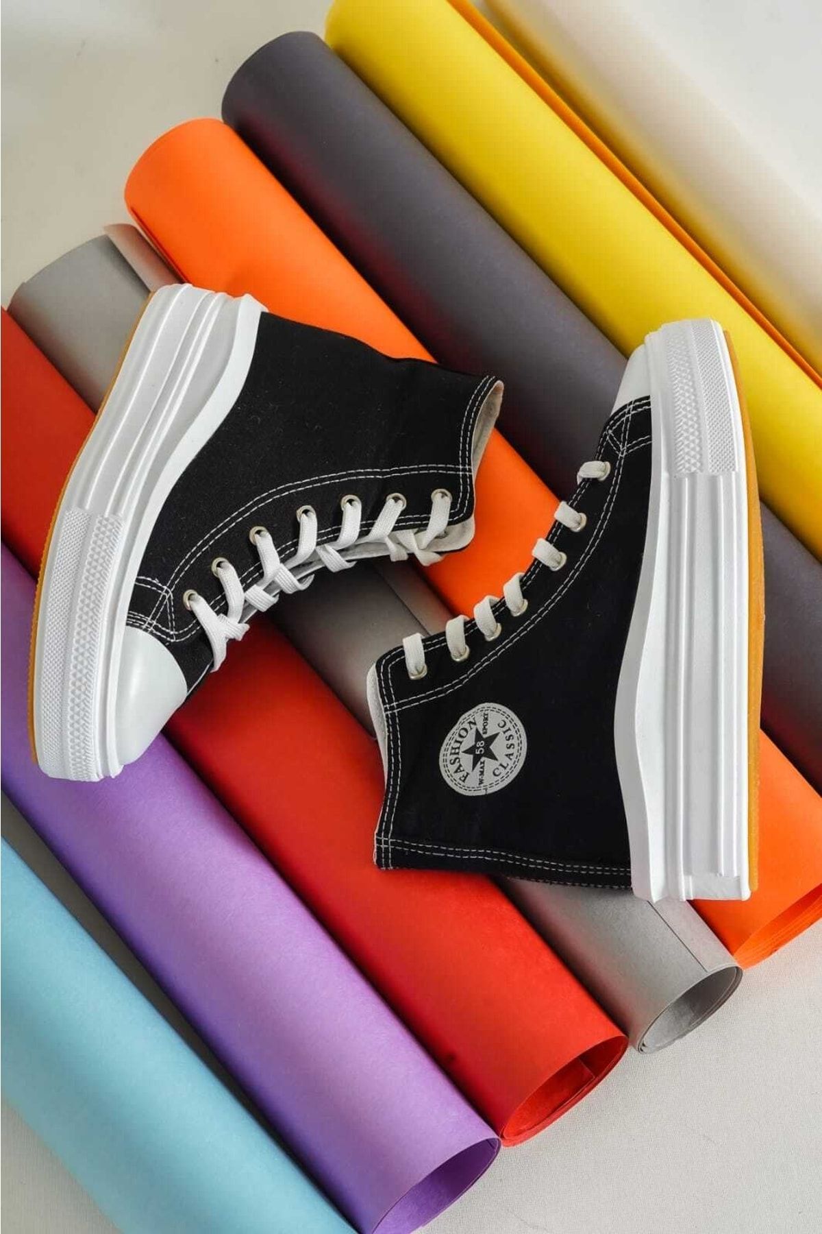 Odal Shoes Kalın Taban Uzun Siyah Beyaz Keten Sneaker