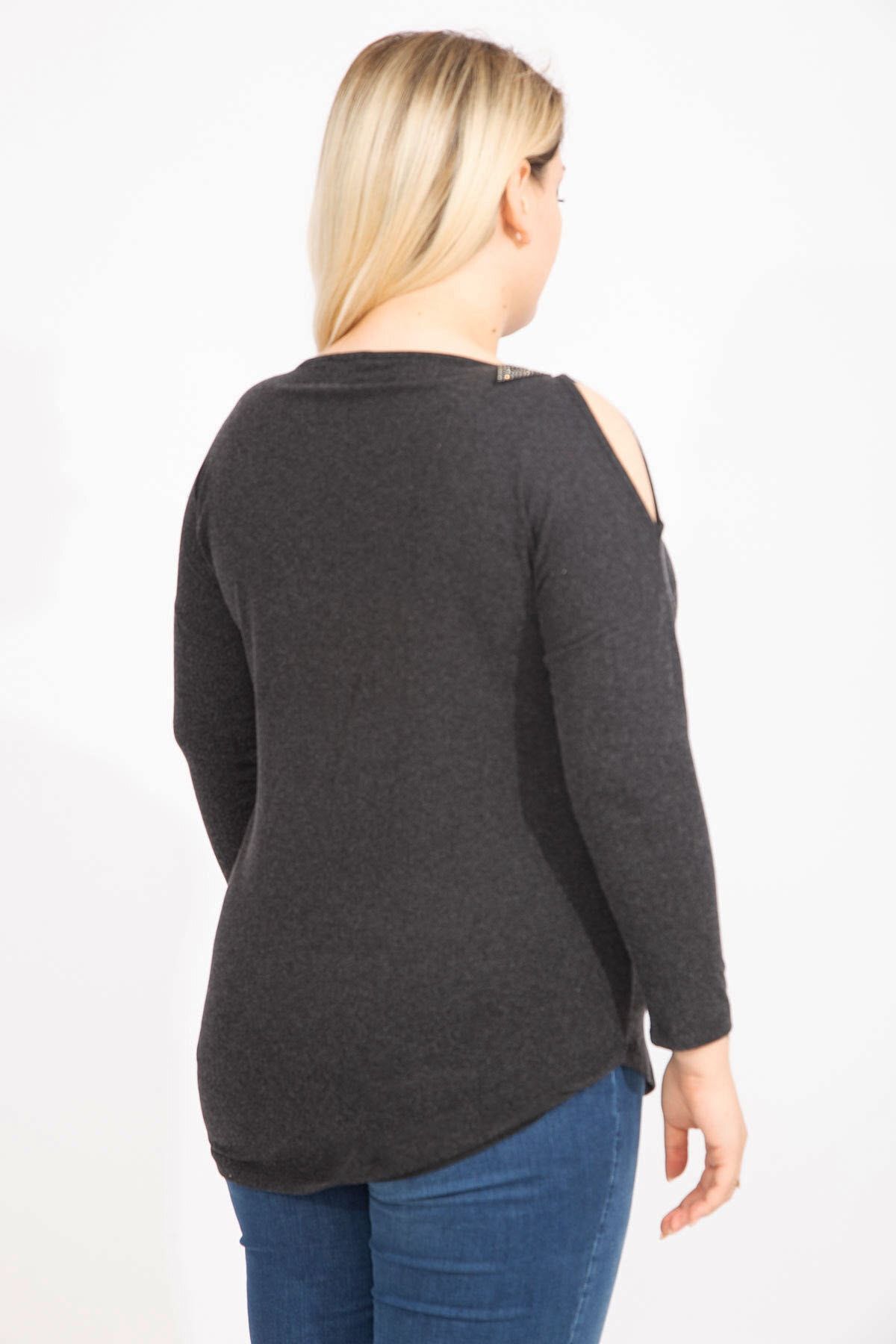 Şans-Women's Large Size Anthracite One-Shoulder Low-cut Stone Detailed Blouse 65n35426 3