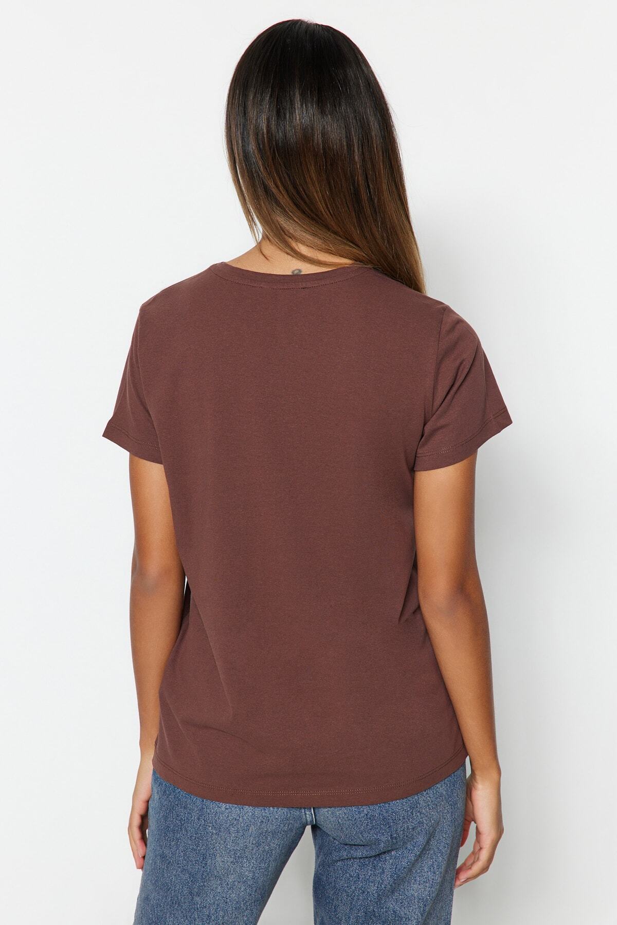 Trendyol Collection-3 balení pletené tričko s výstřihem – hnědé, béžové, khaki pruhované TWOSS20TS0146 7