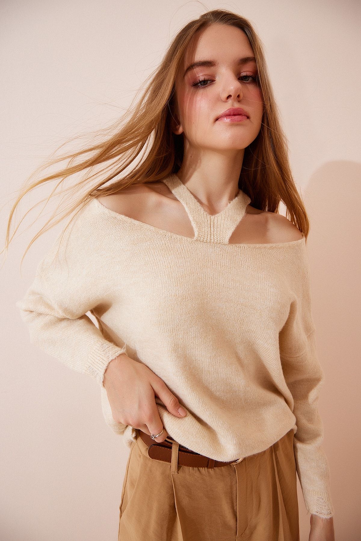 Happiness İstanbul Pullover Beige Regular Fit Fast ausverkauft