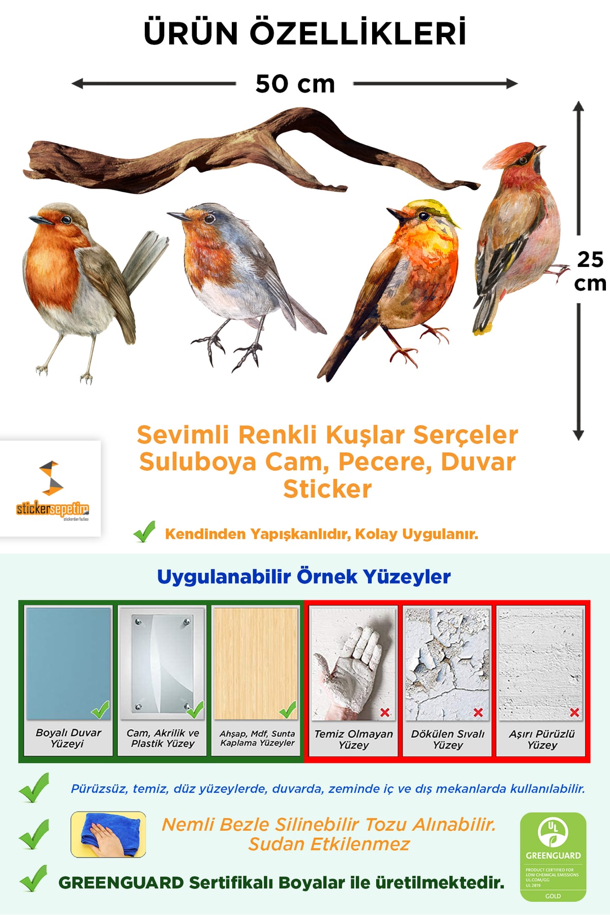 Sticker Sepetim Sevimli Renkli Kuşlar Serçeler Suluboya Cam, Pecere, Duvar Sticker fotoğrafı 2 (önizleme)