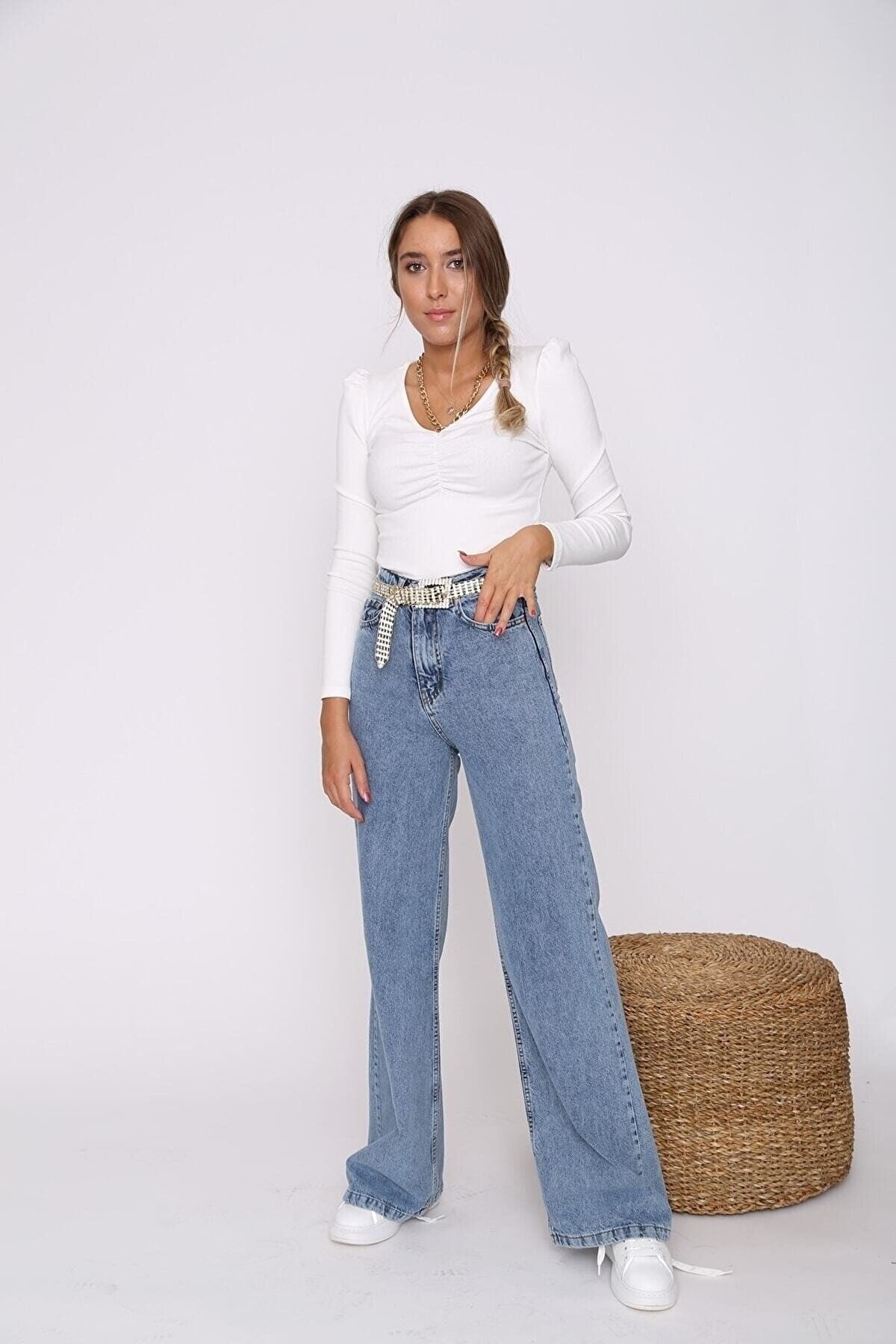 Trn JNS Pantaloni Palazzo Din Denim Largi Cu Talie Super Înaltă Marisol Mid Snow Lycra Femeie - 34