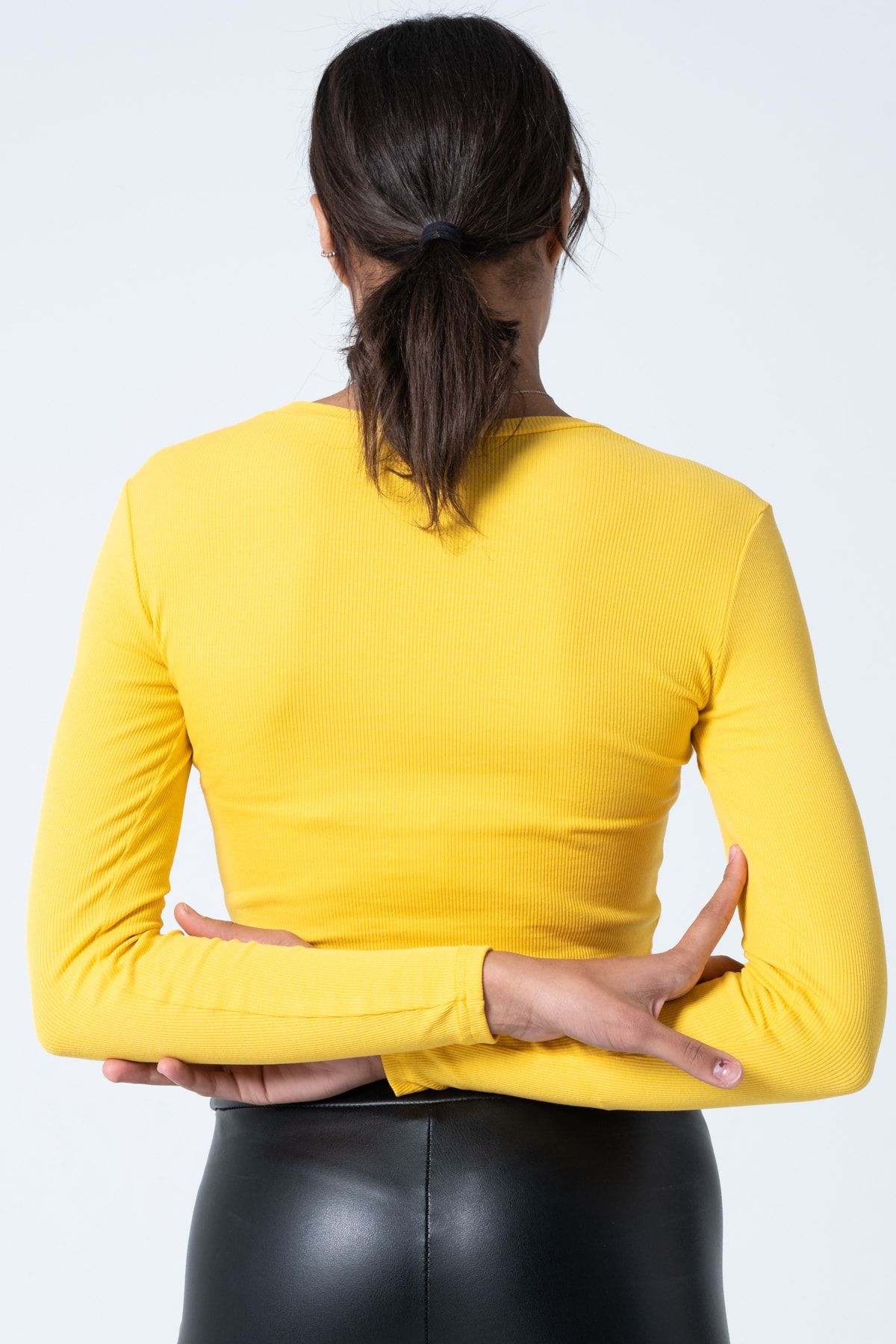 PUNKY CAT-Women's Yellow Long Sleeve Crop Blouse 6