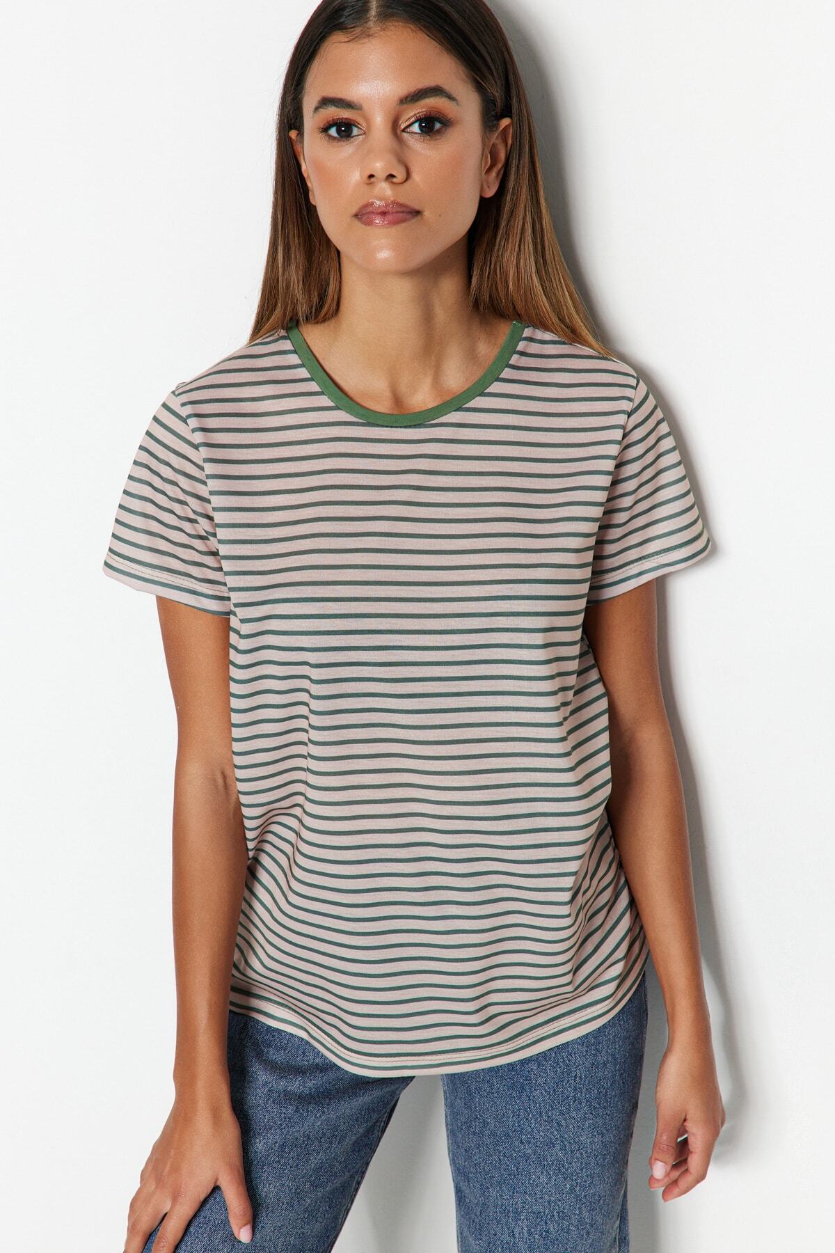 Trendyol Collection-3 balení pletené tričko s výstřihem – hnědé, béžové, khaki pruhované TWOSS20TS0146 4