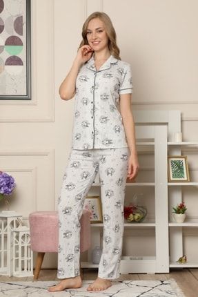 Kısa Kollu Biye Detaylı Gömlek Yaka Önden Düğmeli pantolon Paça Kadın Pijama Takımı BGALM2525KY