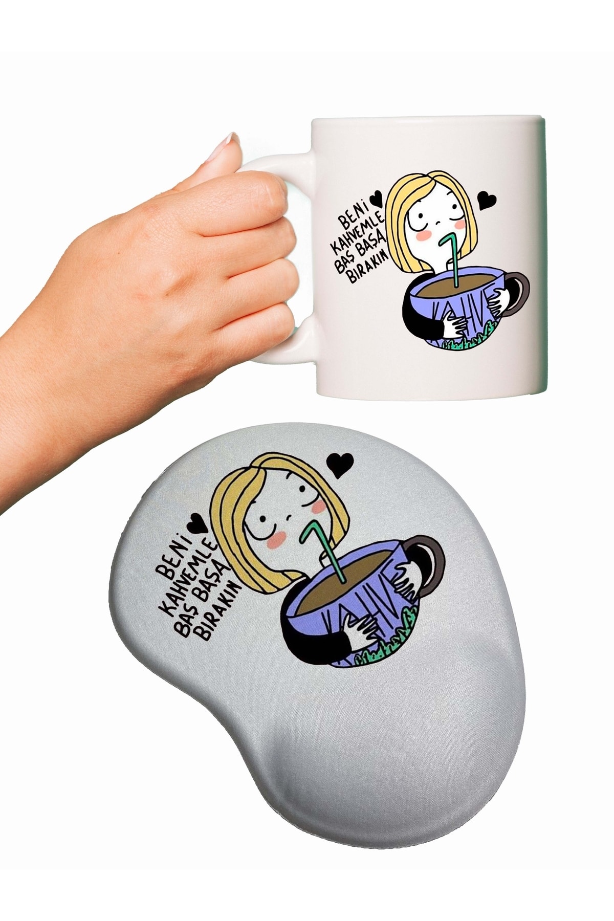 Kahvekolik Kız Baskılı Mouse Pad + Kupa Bardak Mug
