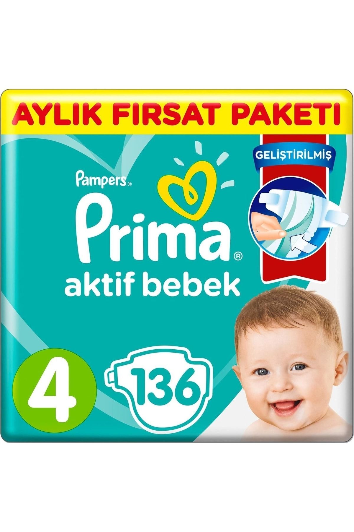 KILIÇASLAN SHOP Prima Bebek Bezi Aktif Bebek 4 Beden Aylık Fırsat Paketi 136 Adet