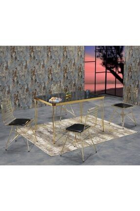 Azra 4 Kişilik Siyah Mermer Görünümlü Metal Mutfak Masası Takımı-gold Tel Sandalyeli 80x120 Cm AVVİO539