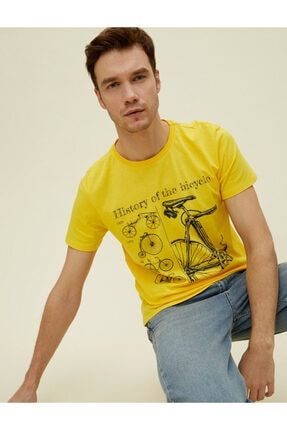 Erkek Sarı Baskılı T-Shirt Kisa Kollu Pamuklu 1YAM14977OK