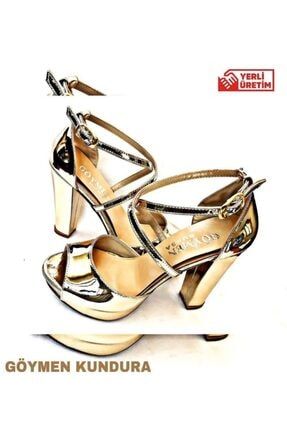 Kadın Abiye Platform Tekyüz Çapraz Bağlı Altın (dore) Ayna Ayakkabı TEKYÜZ