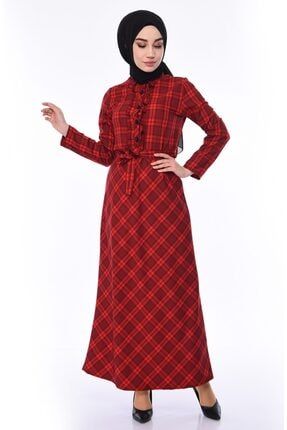 Kadın Kırmızı Kuşaklı Düğmeli Fırfırlı Tesettür Elbise 1079 NESS-1079-GR