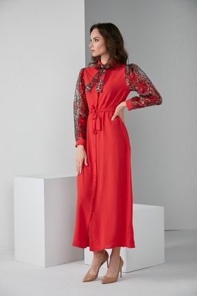 Kadın Kırmızı Yaka Kol Baskılı Organze Düğmeli Kemerli Tesettür Elbise NESS-2070-SH