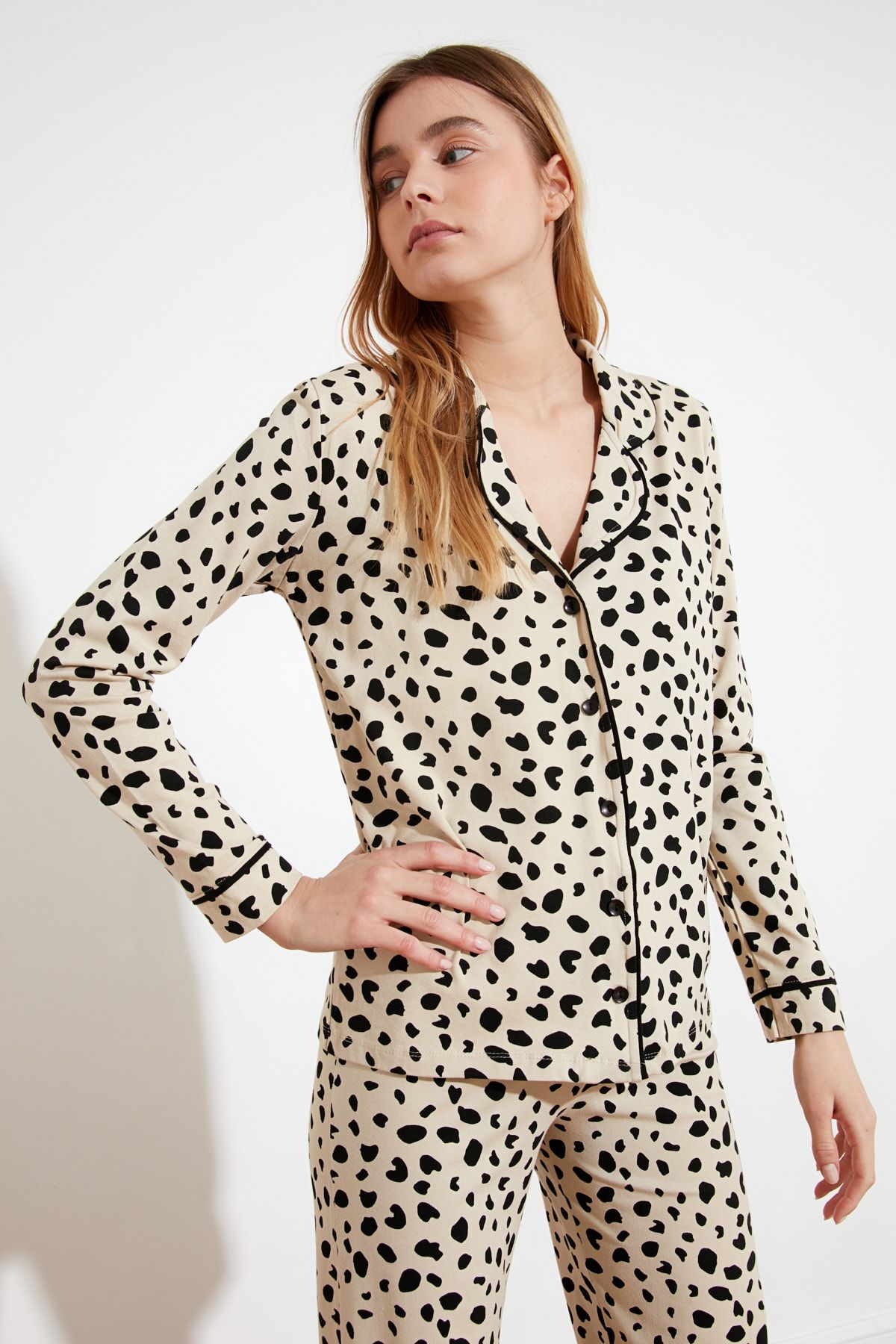 Trendyol Collection-Leopard Print Beige Cotton Pajamas Set - Shirt and Pants Thmaw21pt0489 13