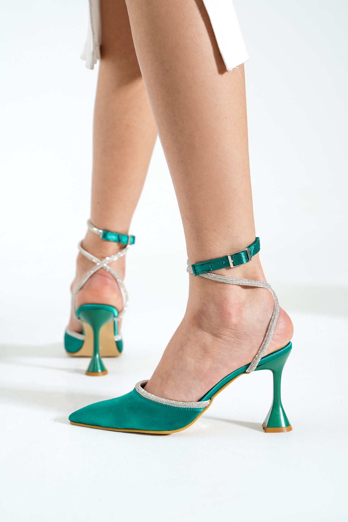 DUXAL SHOES Yeşil Saten Bilekten Bağlamalı Topuklu Kadın Ayakkabı