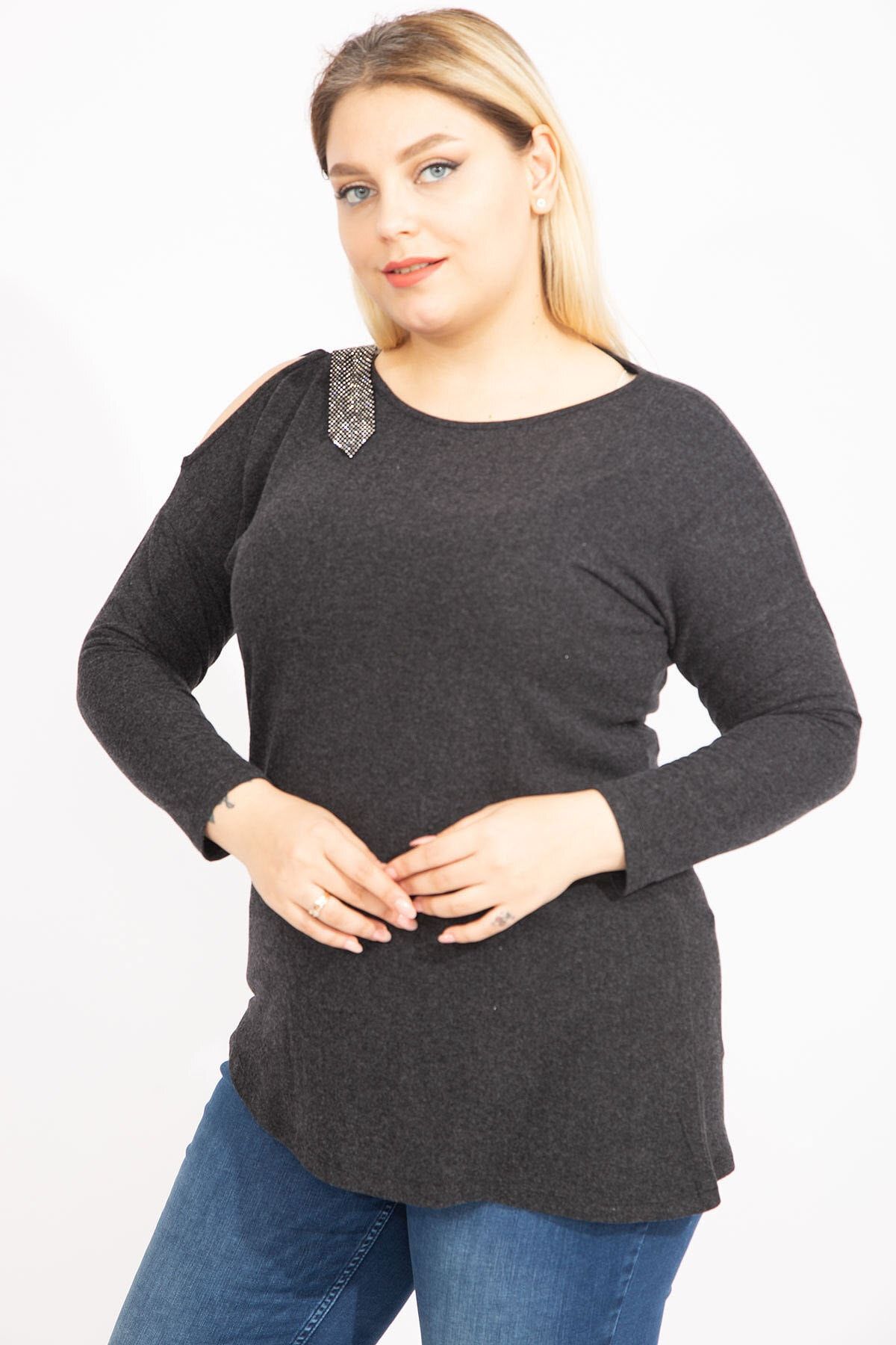 Şans-Women's Large Size Anthracite One-Shoulder Low-cut Stone Detailed Blouse 65n35426 2