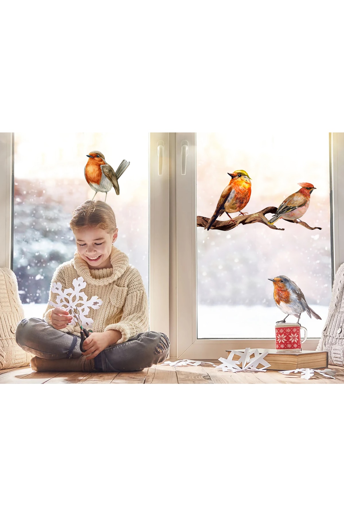 Sticker Sepetim Sevimli Renkli Kuşlar Serçeler Suluboya Cam, Pecere, Duvar Sticker fotoğrafı 3 (önizleme)