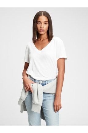 Kadın Beyaz Organik Pamuk V Yaka T-shirt 740140