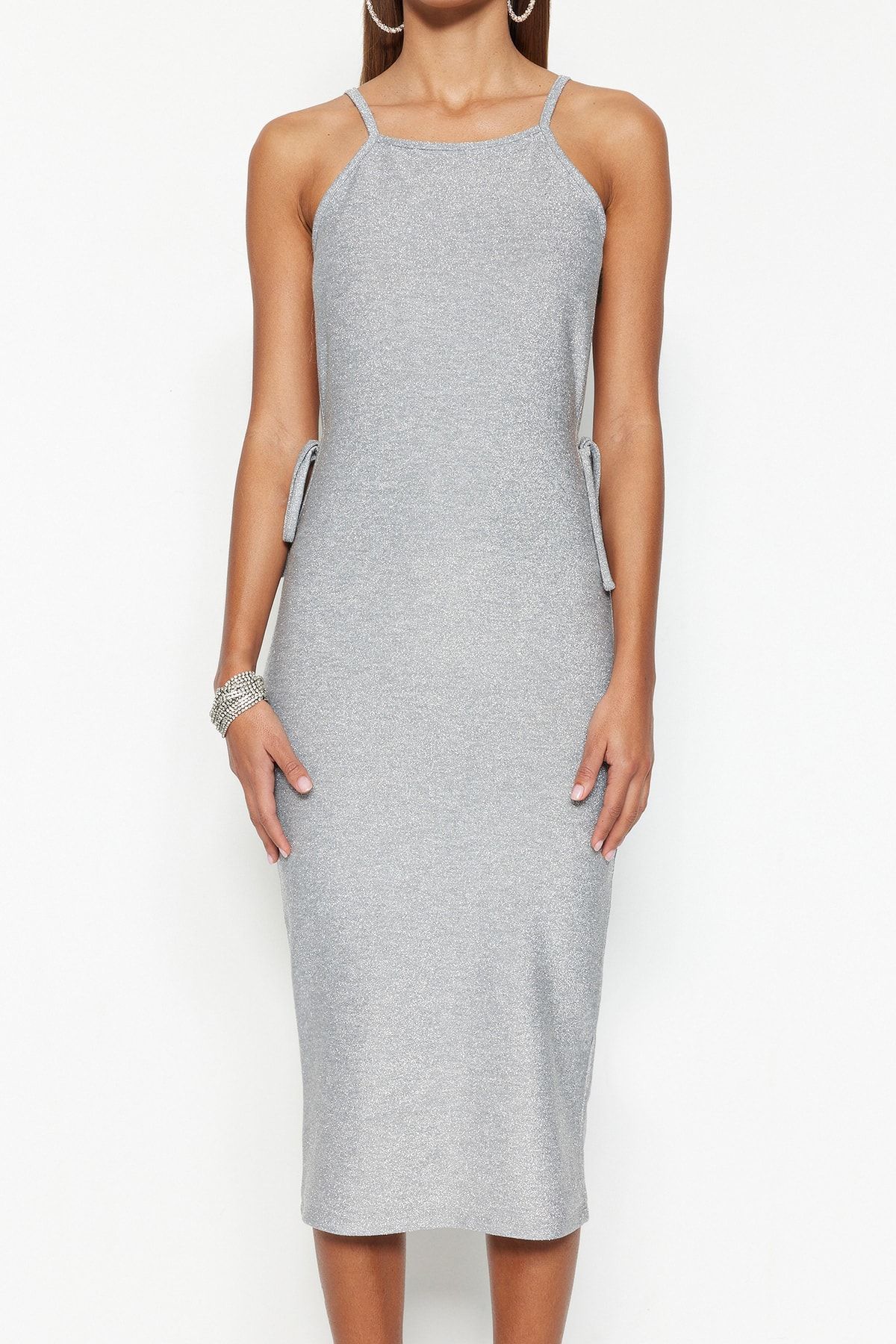 Trendyol Collection-Gray Fitted Knitted Shiny Piping Elegant Evening Dress TPRSS23EL00380 4