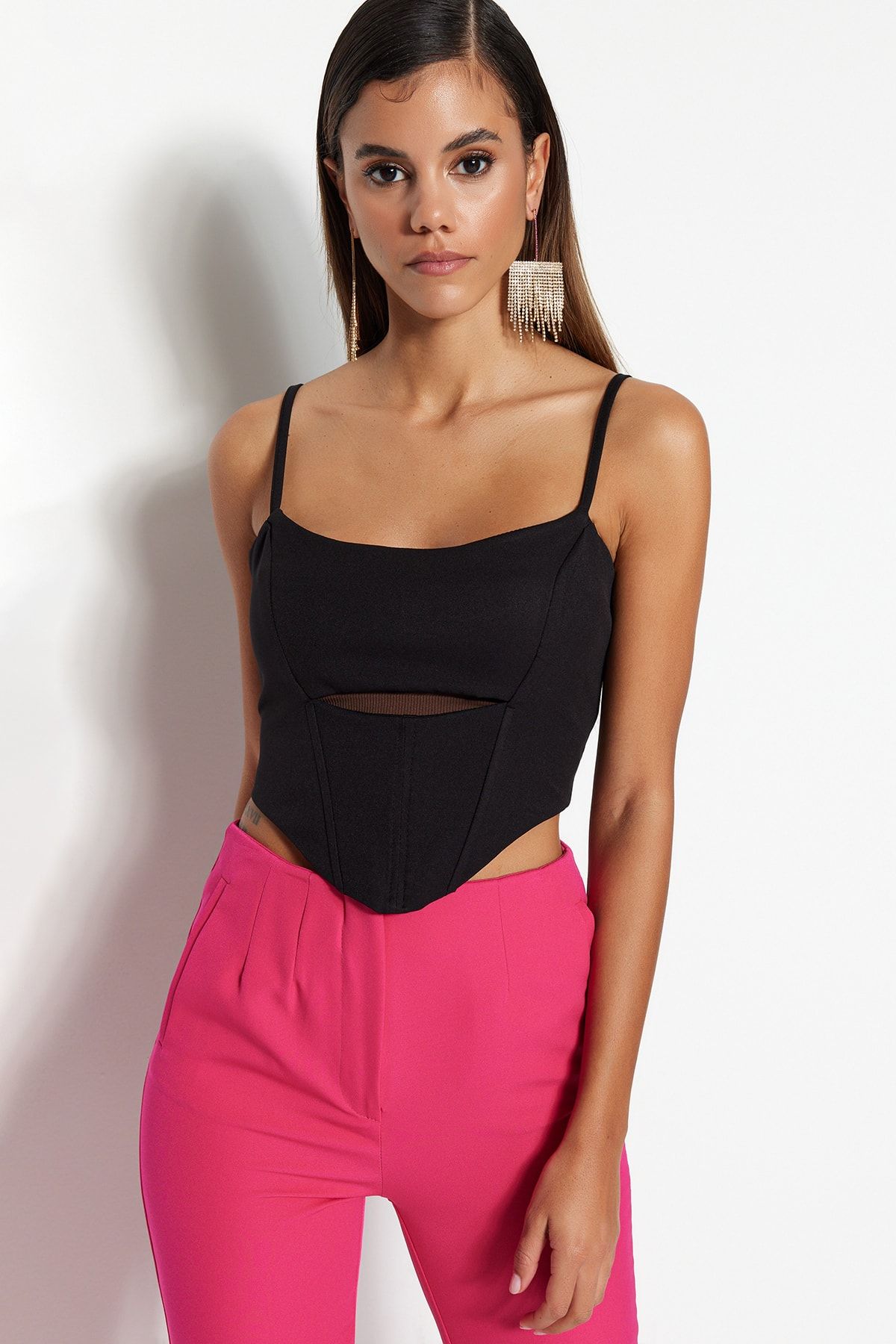 Trendyol Collection Black Crop Lined Bustier with Woven Window/Cut