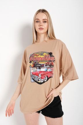 Kadın Vizon Compeltition Baskılı Oversize T-shirt TW-Compeltition