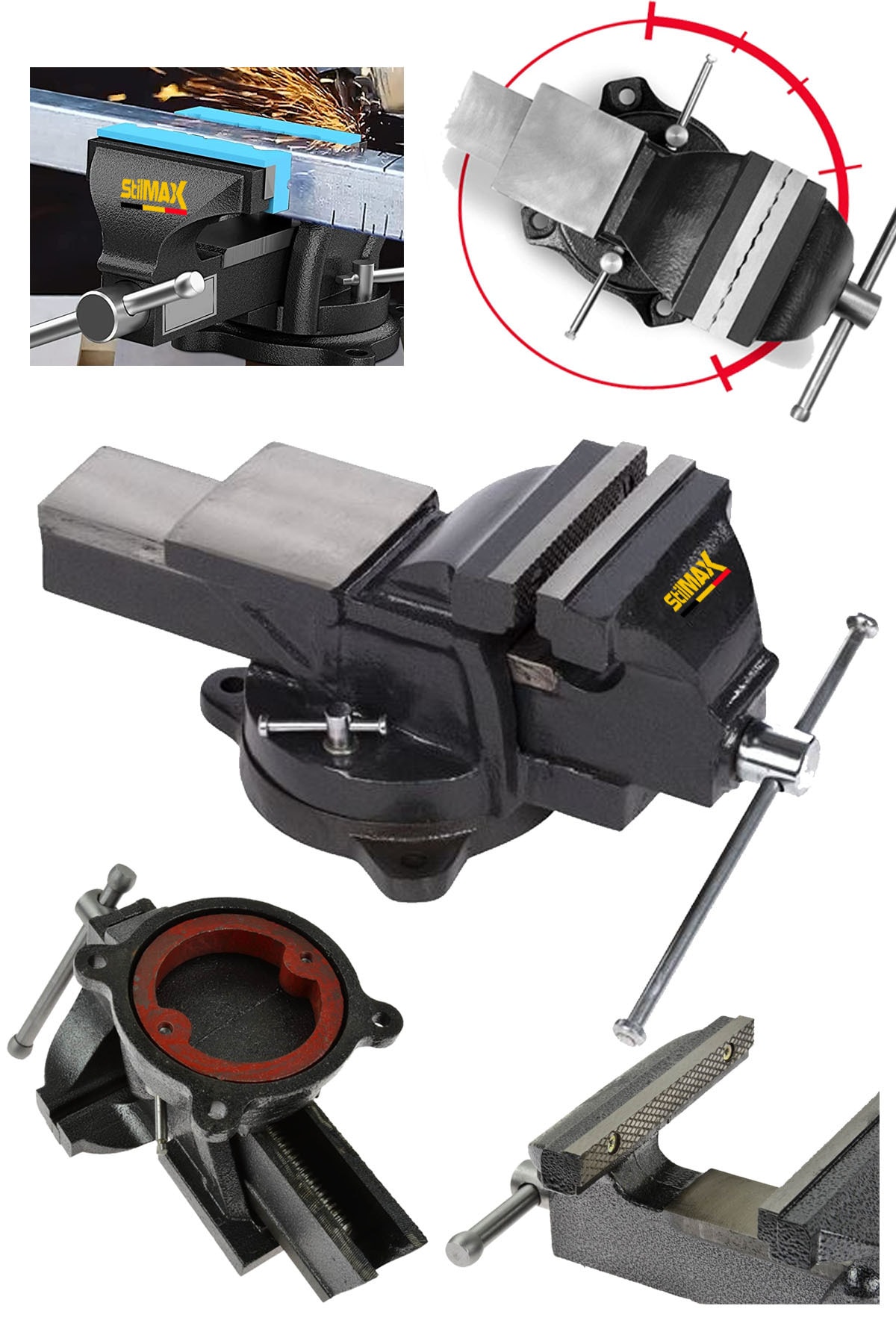 STILMAX 125 mm 5" 360 Dönerli Taban Özel Alaşım Paslanmaz Çelik Sabit Tezgah Masa Mengenesi Örslü