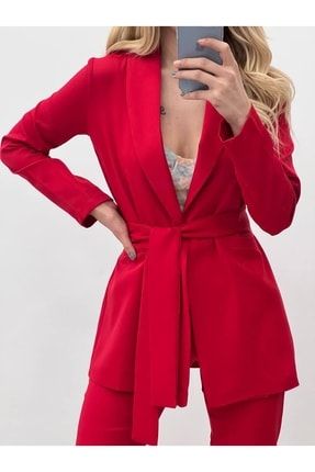 Yılbaşı Özel Kadın Kırmızı , Astarsız Double Atlas Kumaş Kuşaklı Ceket Pantolon Takım (KIRMIZI) R146
