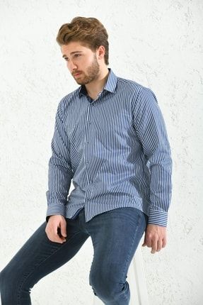 Slim Fit Uzun Kol Premium Kalın Çizgili Hediye Kutulu Kolay Ütülenebilir Erkek Gömlek - Lacivert FS-001375