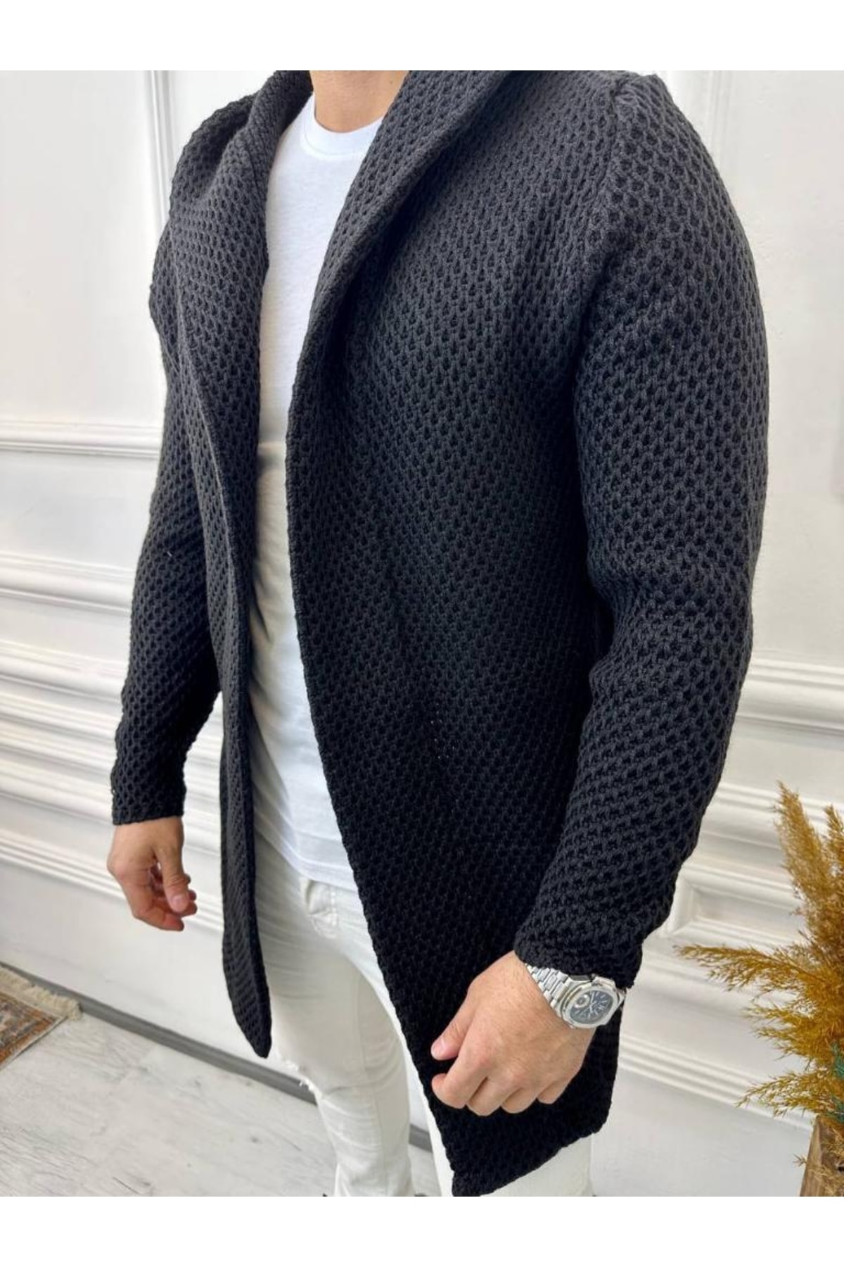 elkumoda Hırka Kapüşonlu Örgü Triko Uzun Panço Hırka görsel 3