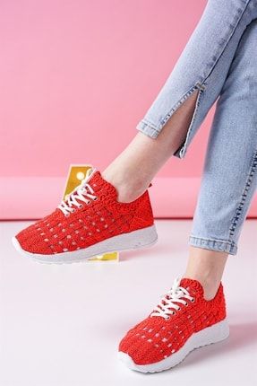 Kırmızı - Örgü Desenli Sneakers Kadın Bağcıklı Rahat 121182