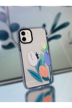 Iphone 11 Uyumlu Kenarları Gri Darbe Emici Lale Çiçek Desenli Premium Korumalı Şeffaf Kılı TLFNCYZ7889