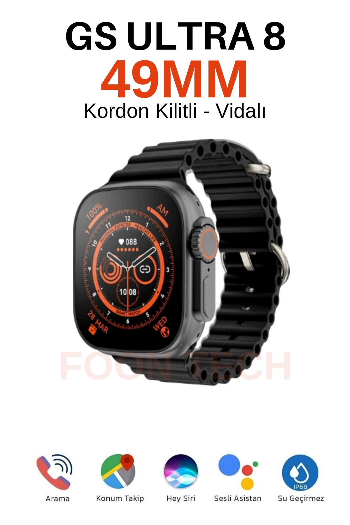 Foon Watch Gs Ultra 8 49mm Kordon Kilitli Vidalı 2.08 Ekran Akıllı Saat Alpine Loop Hasır Kordon Hediyeli