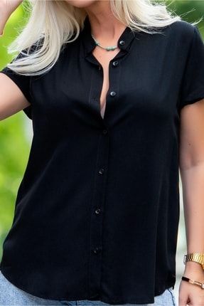 Kadın Basic Standart Kalıp Dokuma Viskoz Kumaş Kısa Kol Gömlek Bluz BB4368GOM