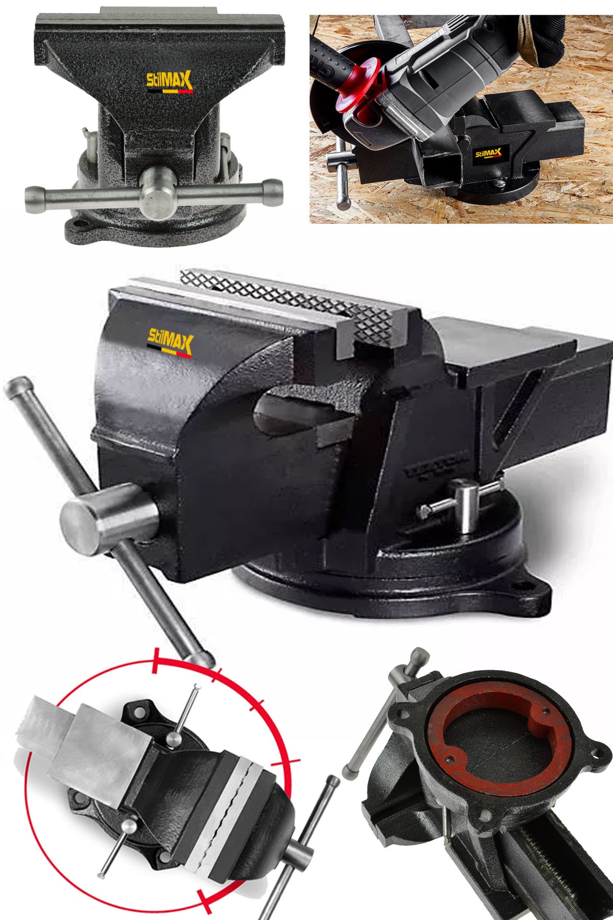 STILMAX 150 mm 6" 360 Dönerli Taban Özel Alaşım Paslanmaz Çelik Sabit Tezgah Masa Mengenesi Örslü