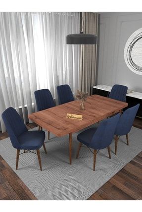 Kırlangıç Serisi Sümela 80x130 Açılır Masa Yemek Masası Mutfak Masası Masa Takımı 6 Mavi Sandalyeli KaffaGN07
