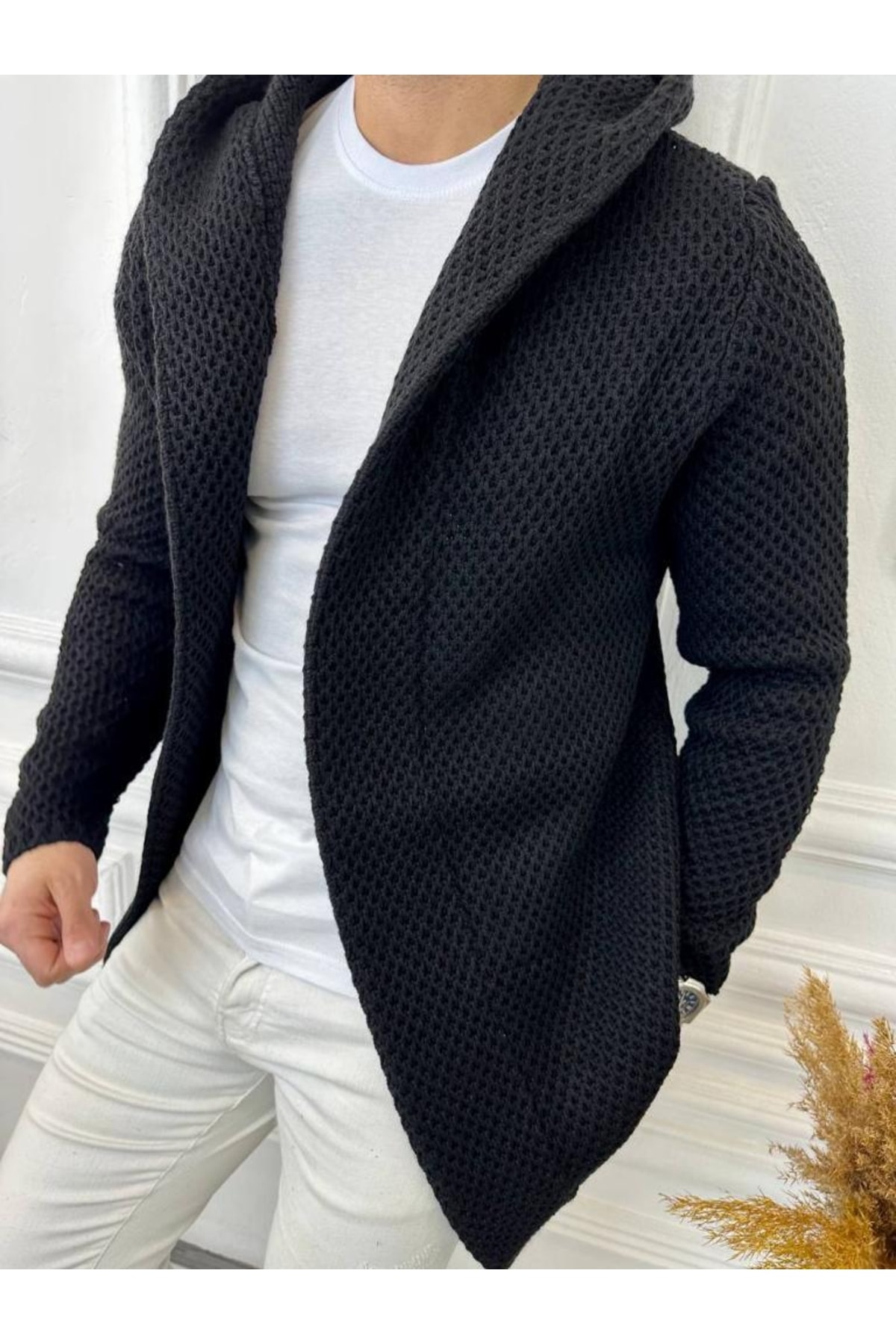 elkumoda Hırka Kapüşonlu Örgü Triko Uzun Panço Hırka görsel 2