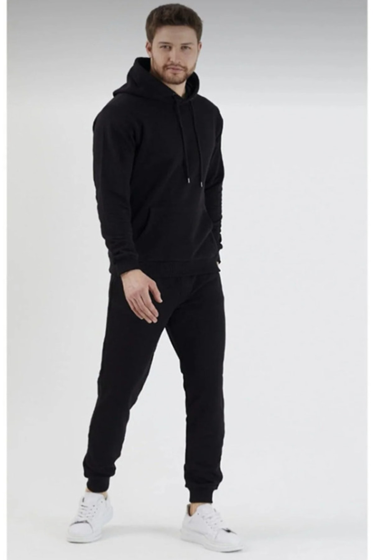 JustBS Kapüşonlu Siyah Kapitone Ceket-gri Eşofman Altı - Beyaz Oversize T-shirt 3’lü Set