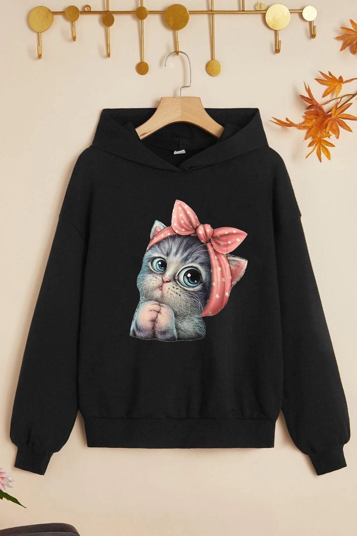 Cat printed hooded sweatshirt hotsell