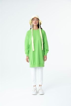 Kadın Düz Renk Ara Boy Sweat Tunik Çimen Yeşil GRMSL-30644