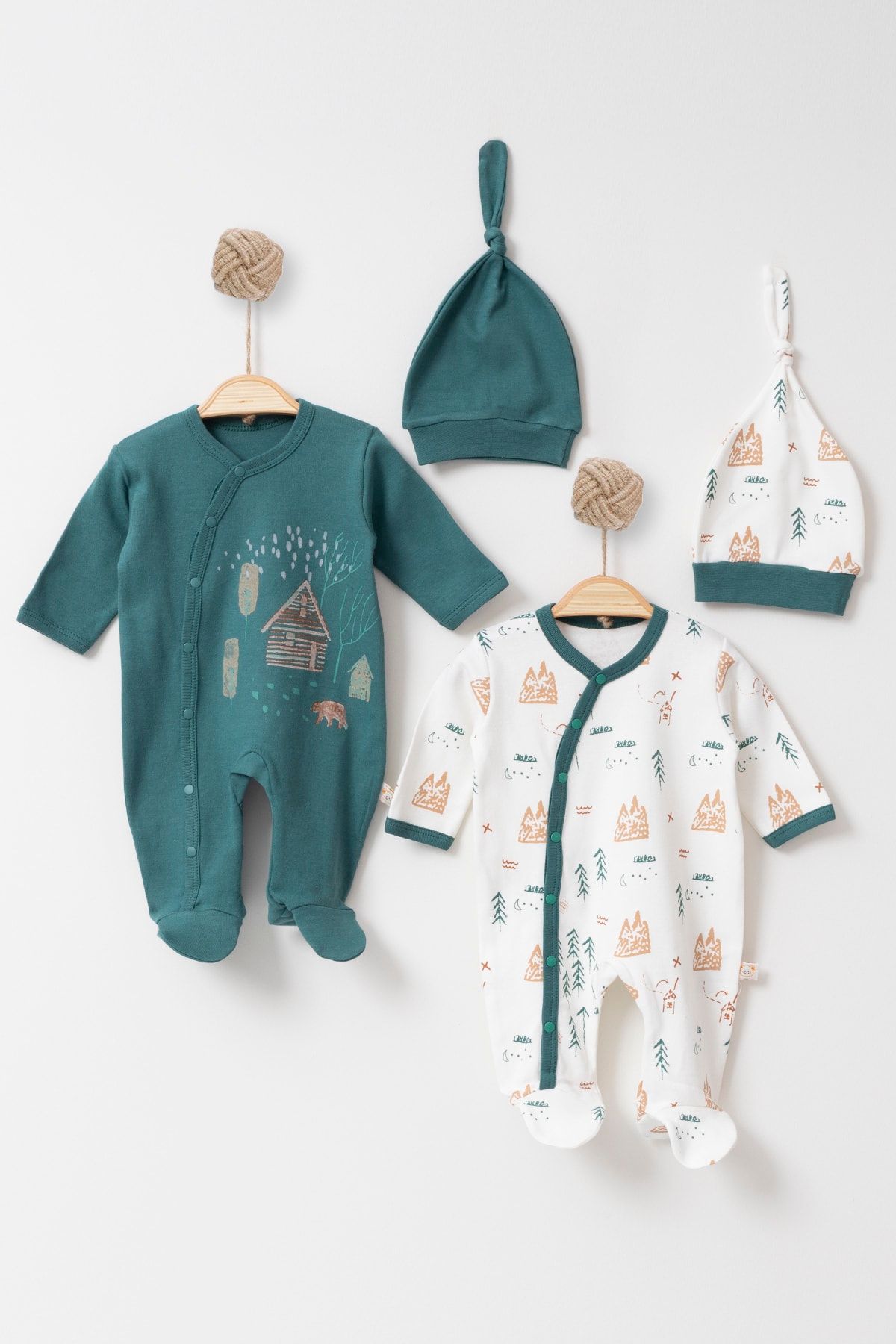 miniyou Ev Desenli Yeşil Yılbaşı Ağaçlı 2 Li Şapkalı Yeni Doğan Bebek Tulum Set My-4634ms
