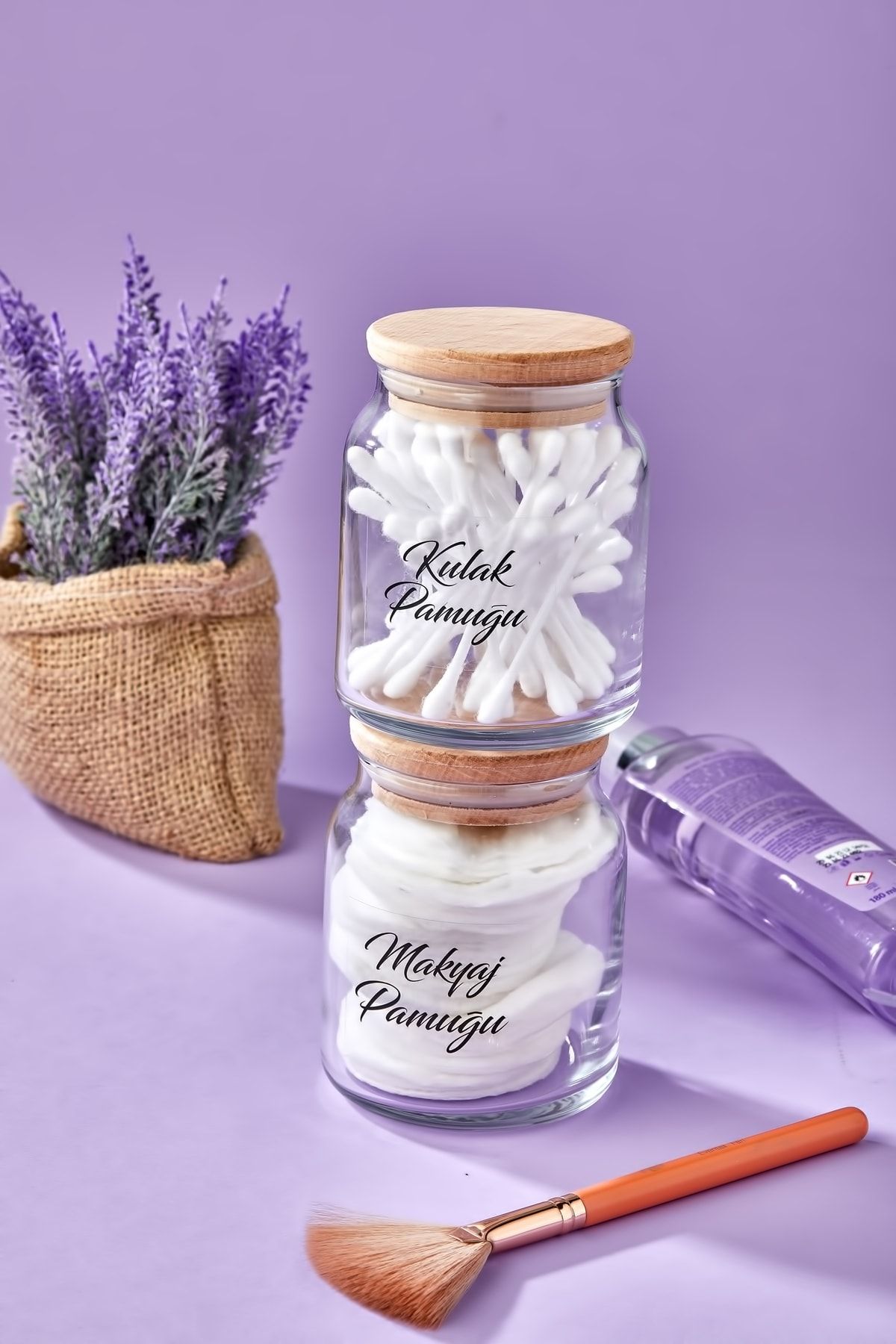 FBZhome-Pachet de 2 machiaj din bumbac cu capac din lemn și organizator din bumbac pentru urechi, capacitate de 300 ml de bumbac 2