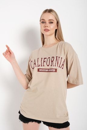 Kadın Camel Oversize T-shirt Calıfornıa Baskılı Tişört Twn-111-790