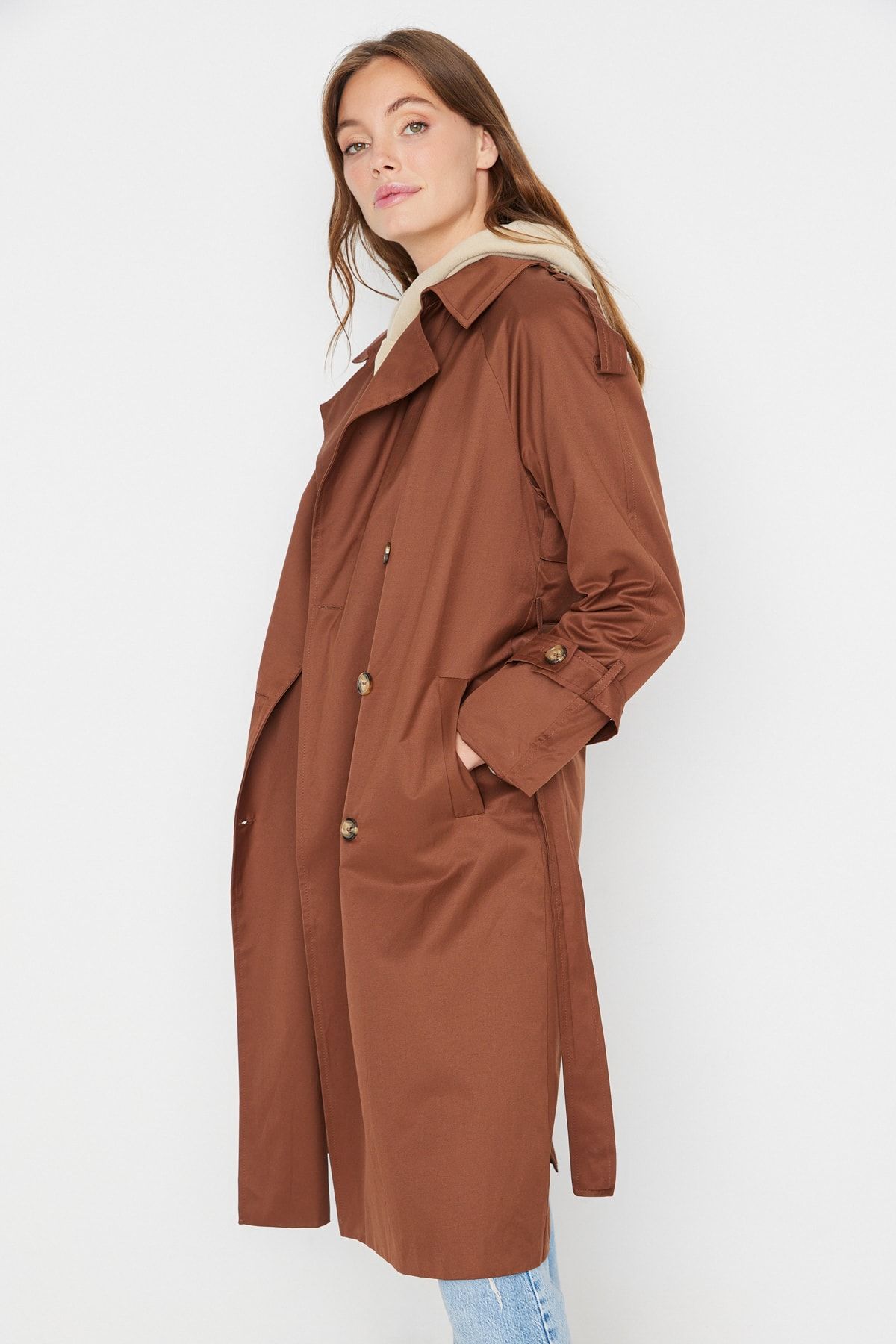 Trendyol Collection-Wodoodporny brązowy trencz z paskiem - TWOSS20TR0012 9