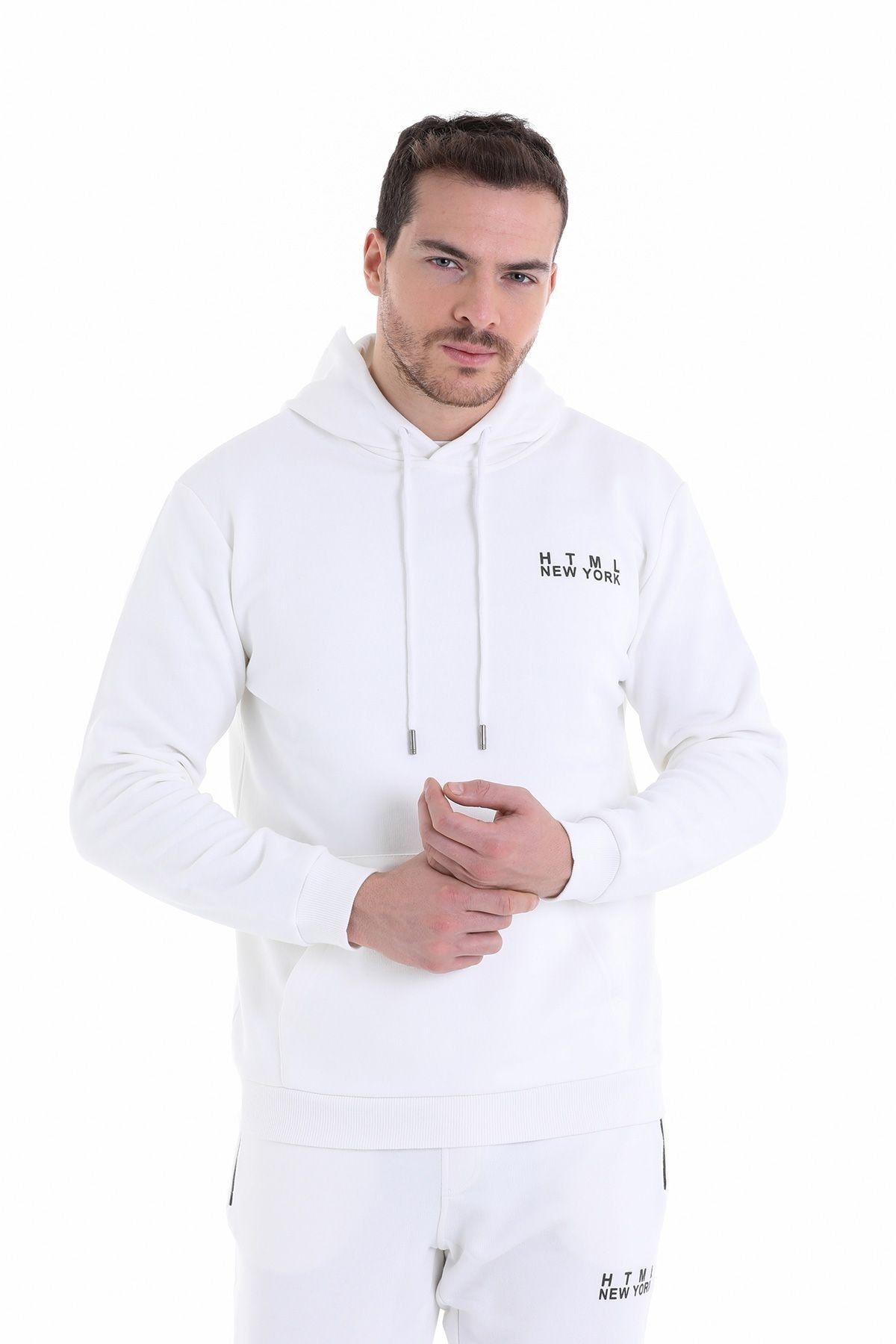 سویشرت جیبی کانگورویی کلاهدار ساده پنبه ای Ecru Regular Fit Hatemoğlu