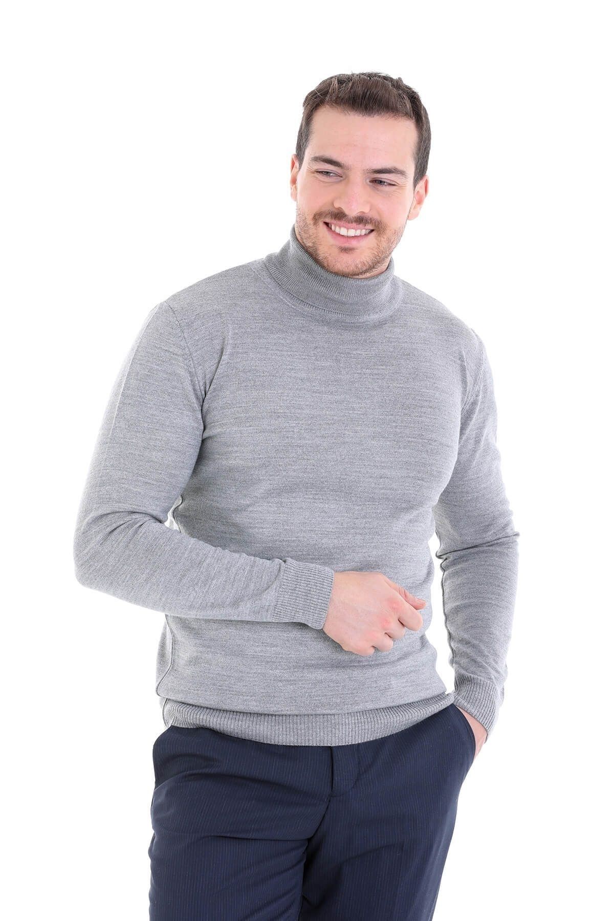 ژاکت بافتنی یقه خدمه ساده خاکستری Comfort Fit Hatemoğlu