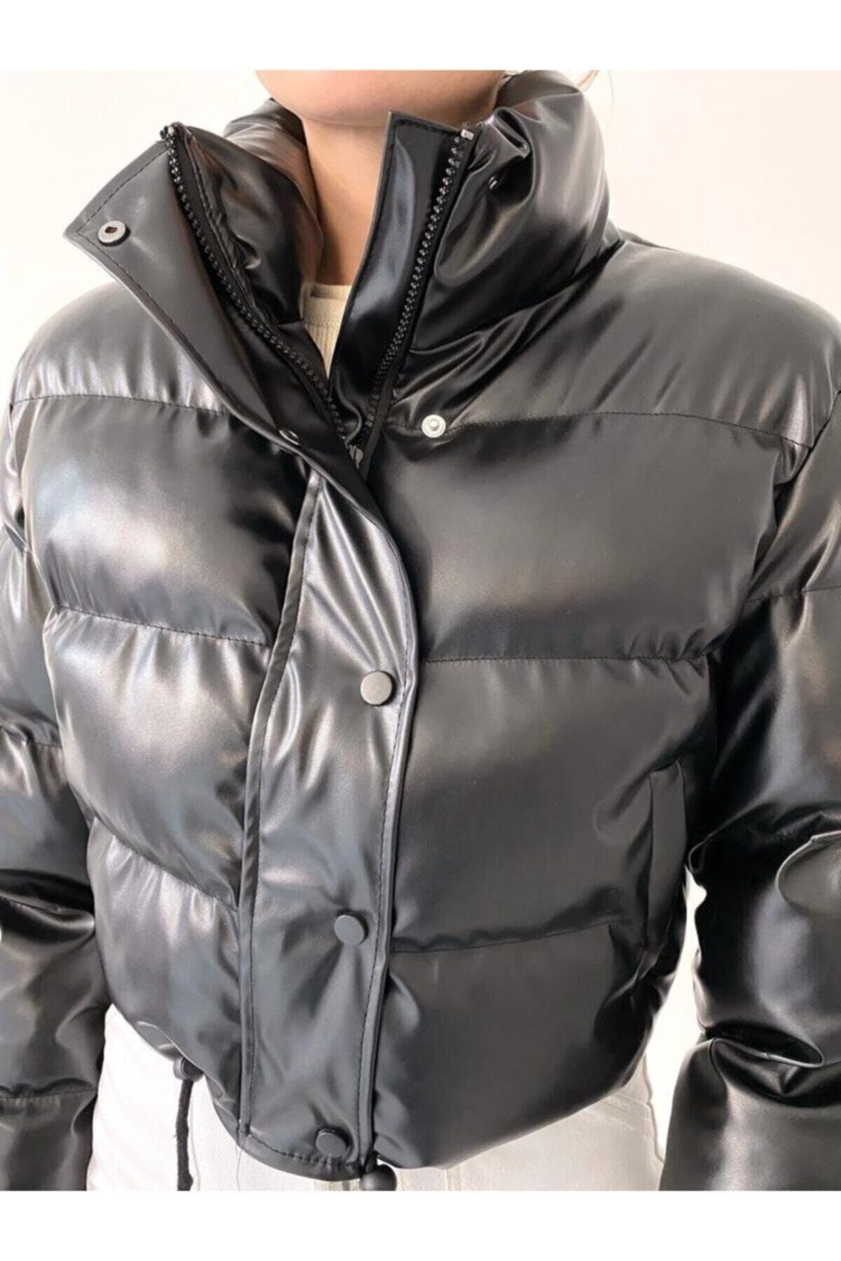 PuKa Moda Crop Puffer Leather Coat Black Trendyol