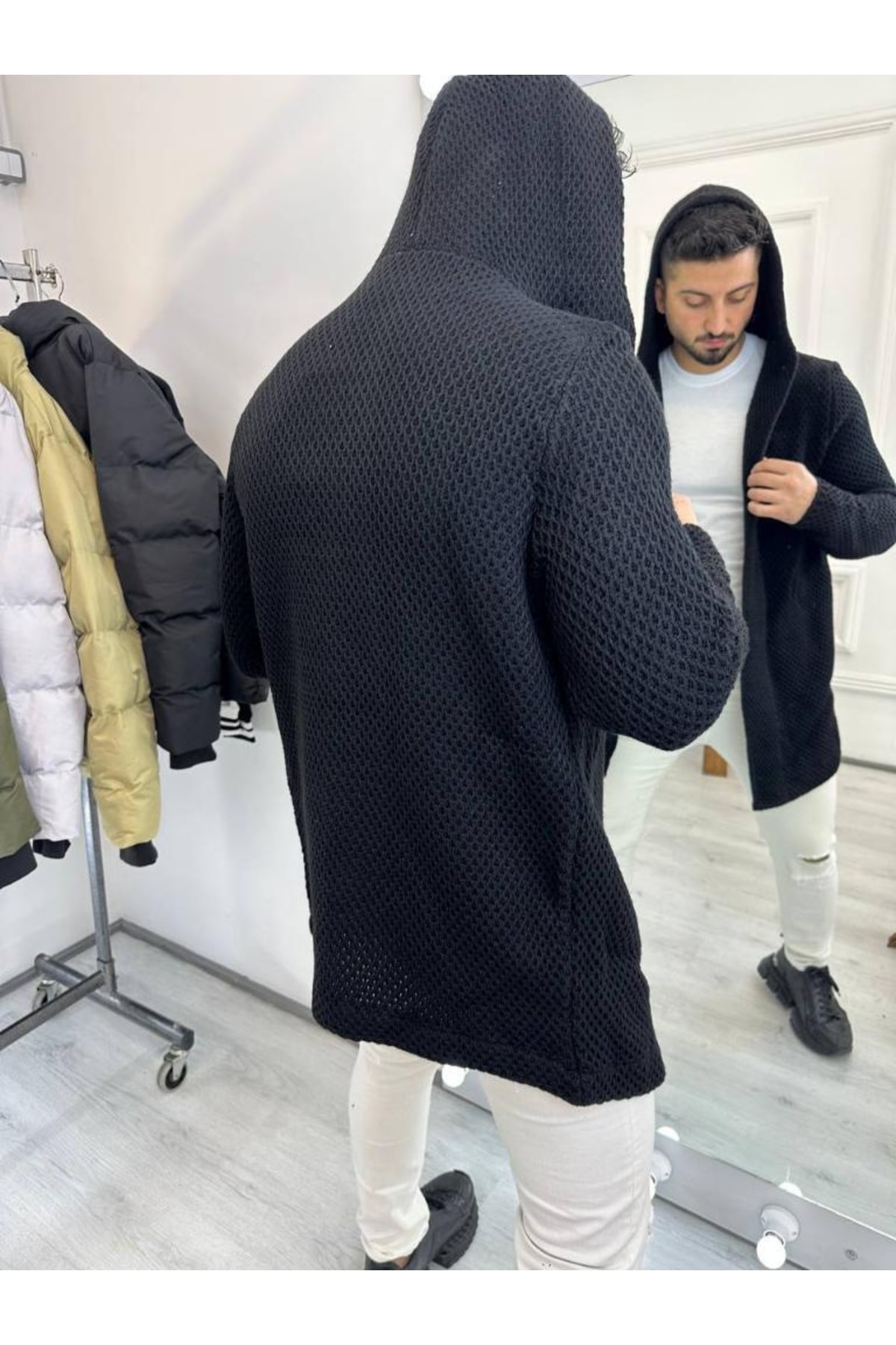 elkumoda Hırka Kapüşonlu Örgü Triko Uzun Panço Hırka görsel 5